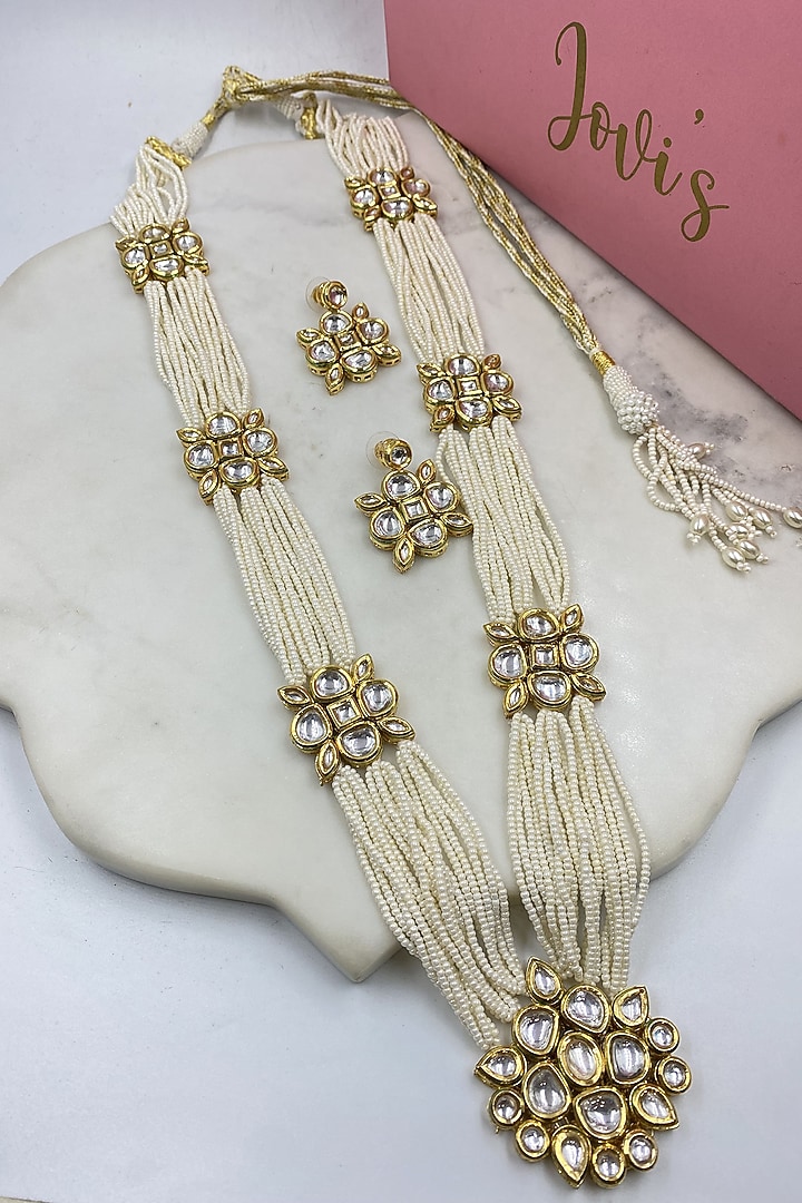 Gold Finish Kundan Polki & Pearl Long Necklace Set by Jovi Jewels at Pernia's Pop Up Shop