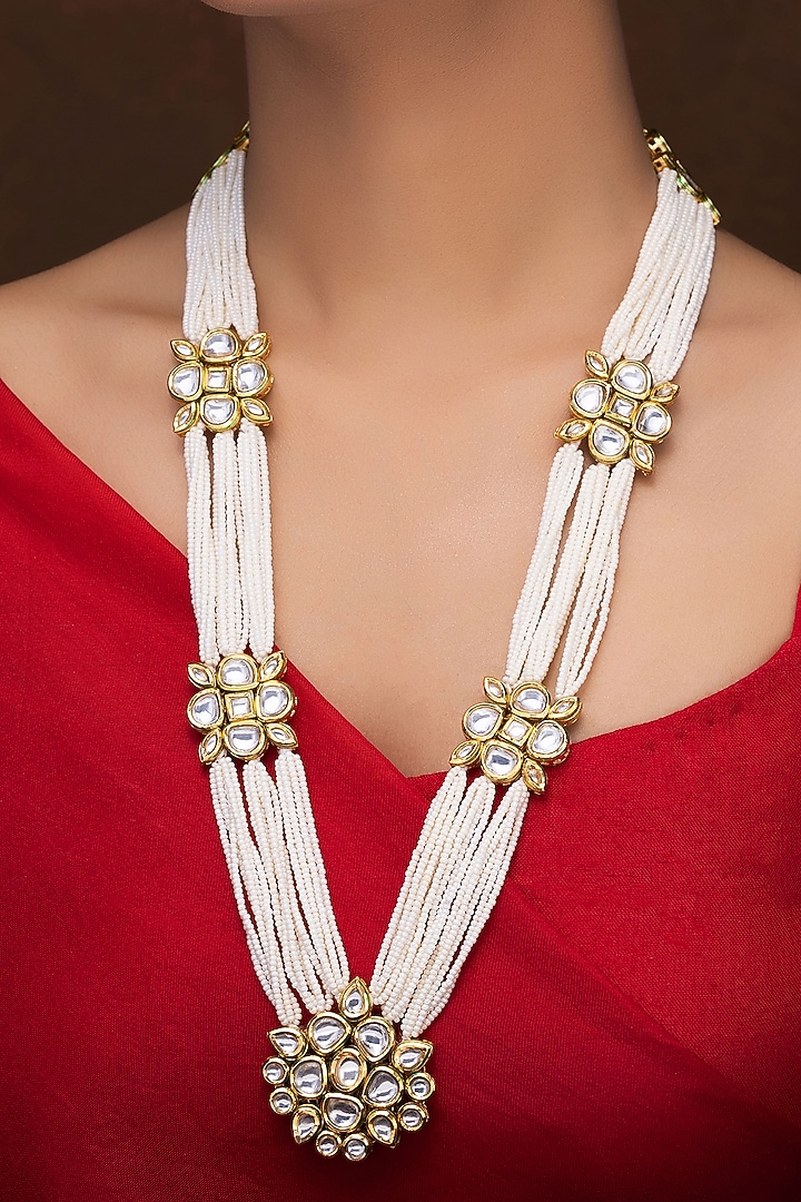 Gold Finish Kundan Polki & Pearl Long Necklace Set by Jovi Jewels at Pernia's Pop Up Shop