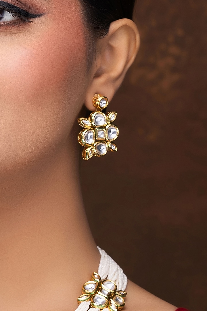 Gold Finish Kundan Polki & Pearl Long Necklace Set by Jovi Jewels at Pernia's Pop Up Shop