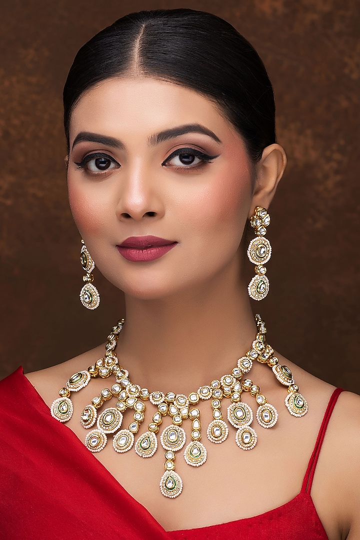 Gold Finish Kundan Polki Necklace Set by Jovi Jewels at Pernia's Pop Up Shop