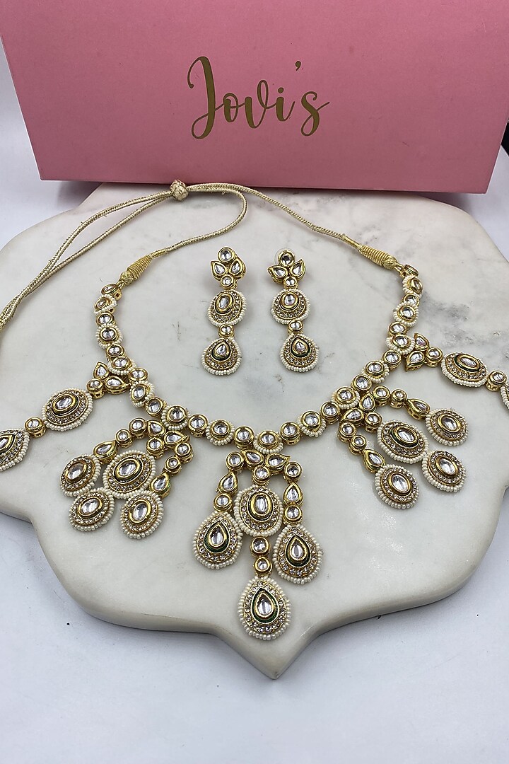 Gold Finish Kundan Polki Necklace Set by Jovi Jewels at Pernia's Pop Up Shop