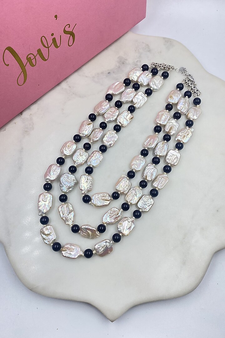 White Freshwater Pearl & Smoky Topaz Layered Necklace by Jovi Jewels at Pernia's Pop Up Shop