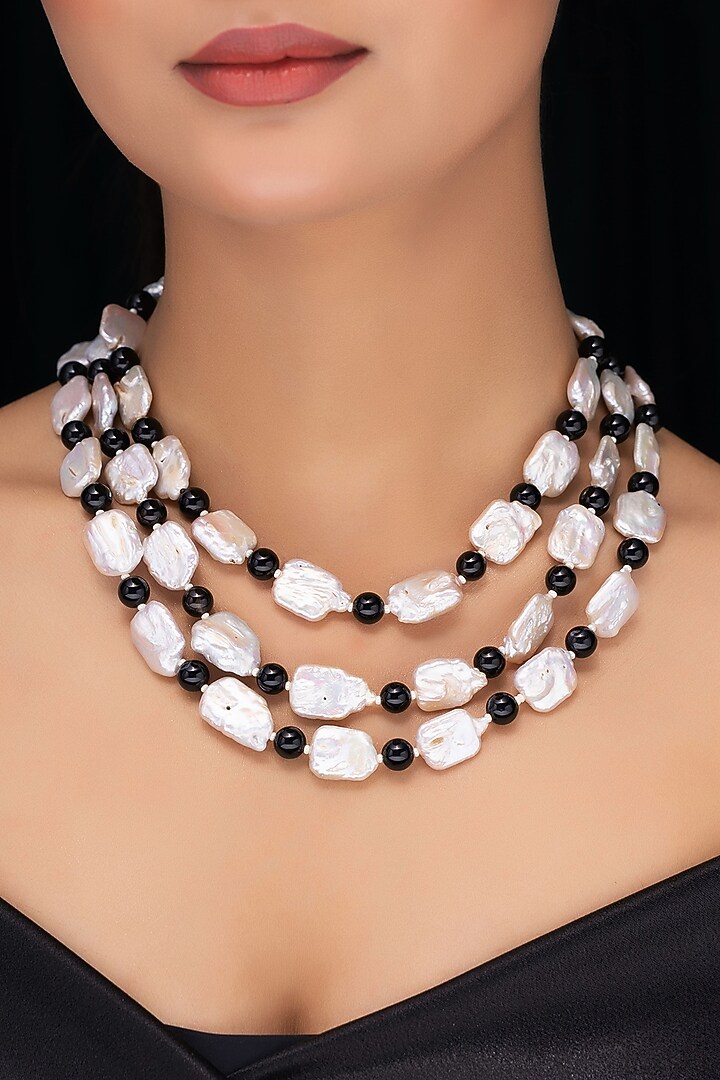 White Freshwater Pearl & Smoky Topaz Layered Necklace by Jovi Jewels at Pernia's Pop Up Shop