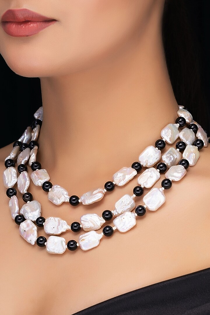 White Freshwater Pearl & Smoky Topaz Layered Necklace by Jovi Jewels at Pernia's Pop Up Shop