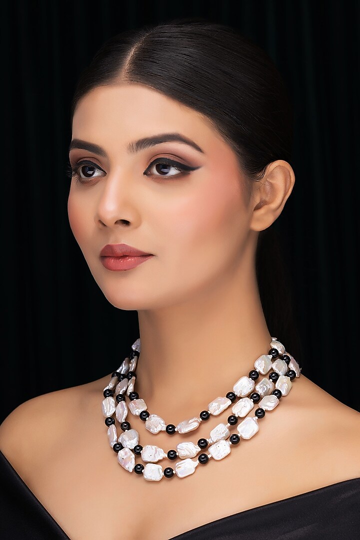 White Freshwater Pearl & Smoky Topaz Layered Necklace by Jovi Jewels at Pernia's Pop Up Shop