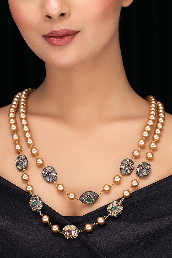 Gold Shell Pearl Long Layered Necklace by Jovi Jewels at Pernia's Pop Up Shop