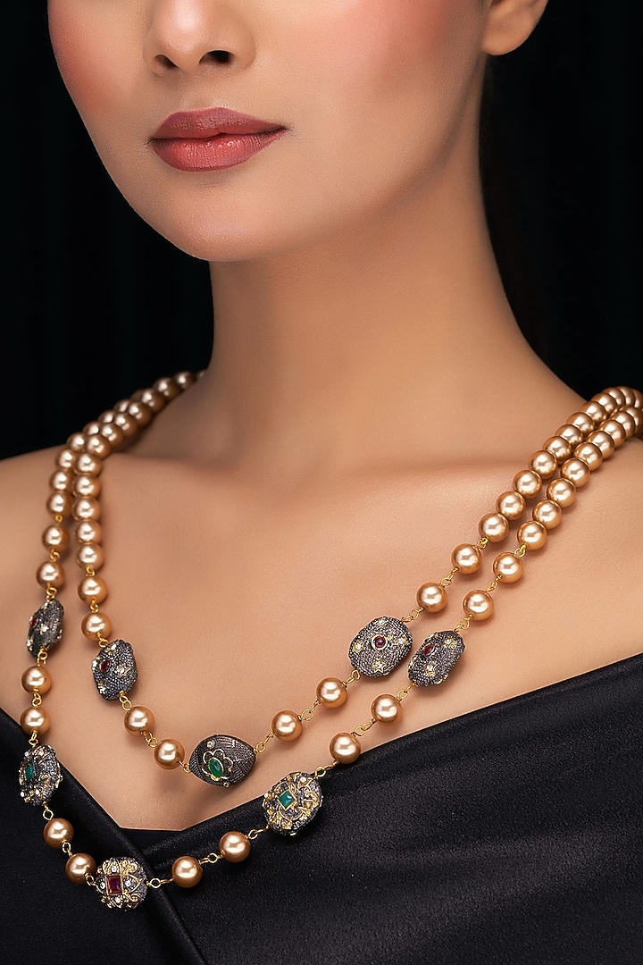 Gold Shell Pearl Long Layered Necklace by Jovi Jewels at Pernia's Pop Up Shop