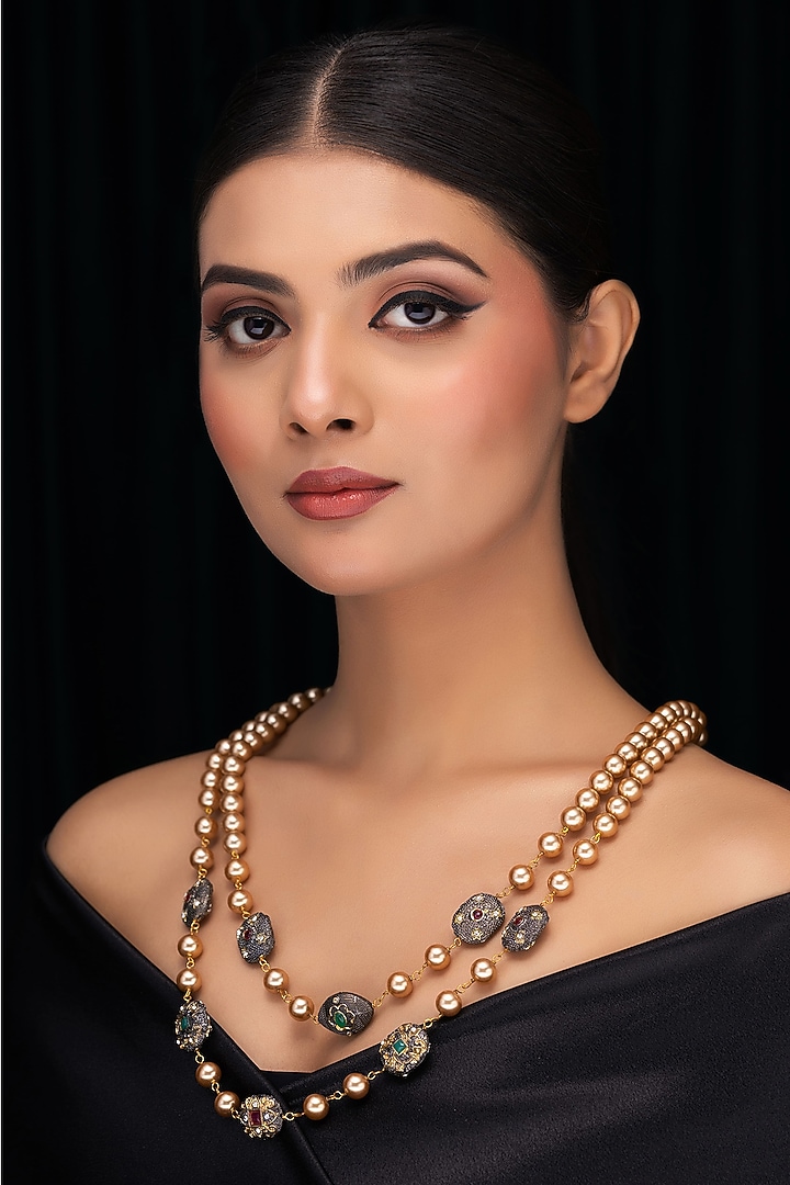 Gold Shell Pearl Long Layered Necklace by Jovi Jewels at Pernia's Pop Up Shop