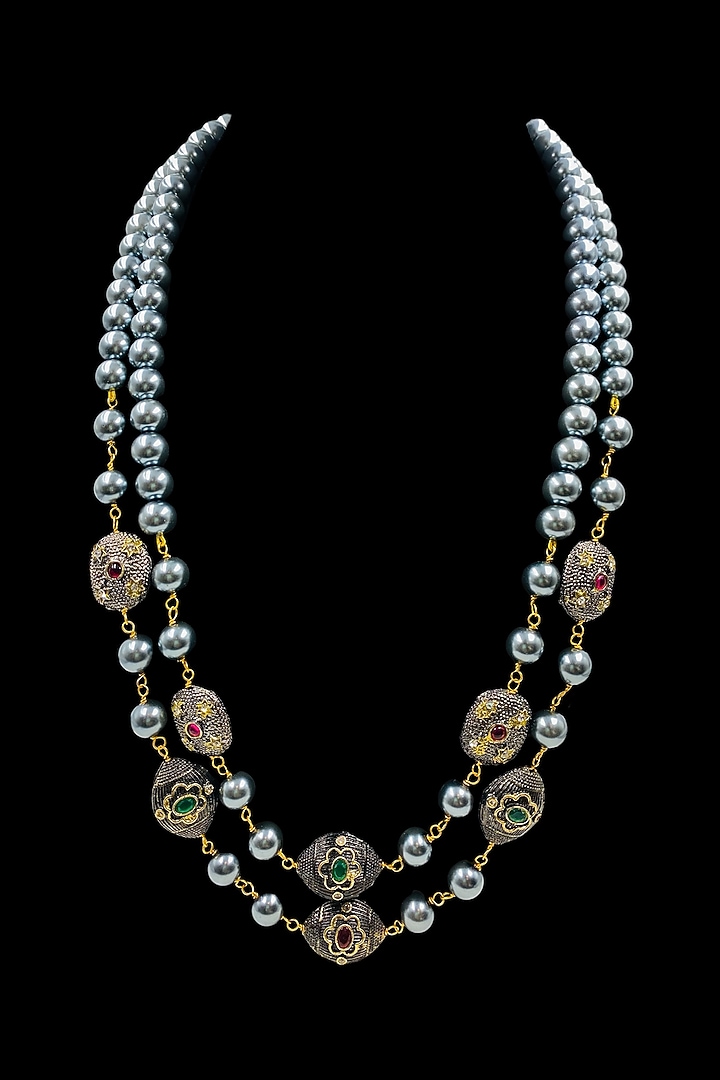 Black Rhodium Finish Grey Shell Pearl Long Layered Necklace by Jovi Jewels at Pernia's Pop Up Shop