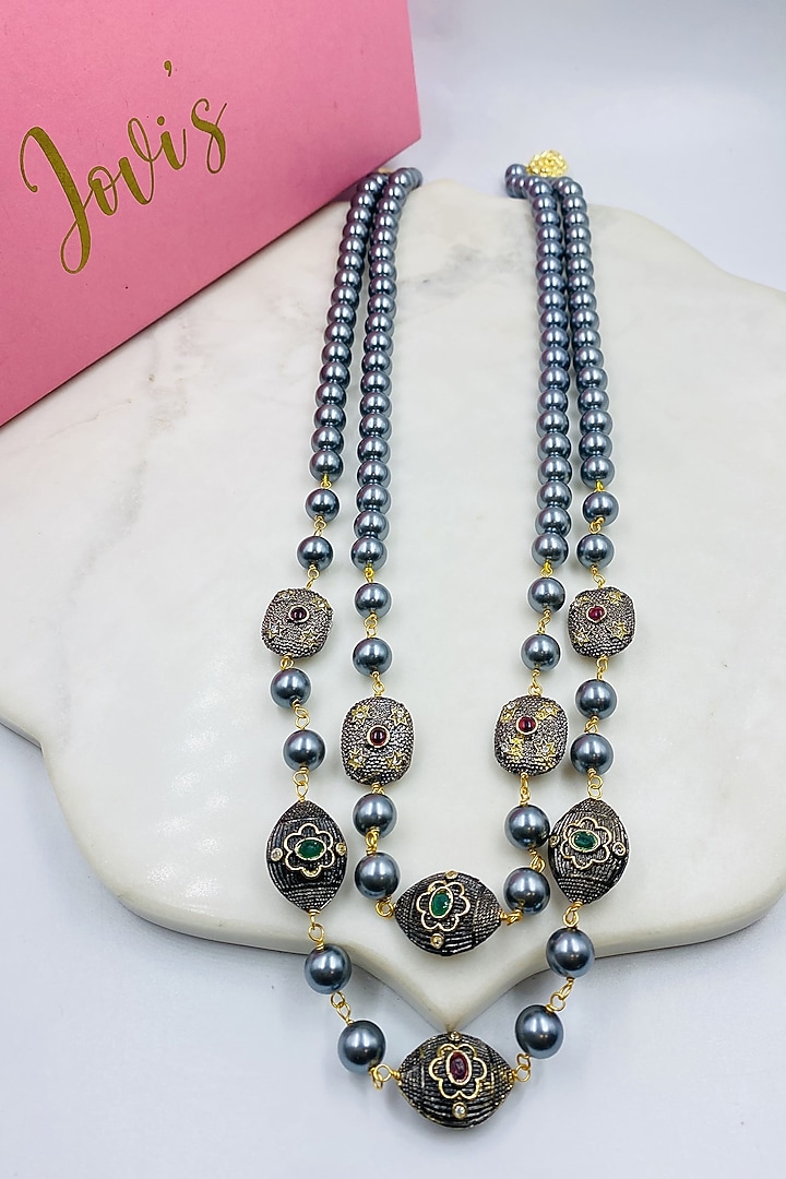 Black Rhodium Finish Grey Shell Pearl Long Layered Necklace by Jovi Jewels at Pernia's Pop Up Shop