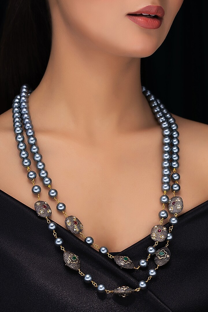 Black Rhodium Finish Grey Shell Pearl Long Layered Necklace by Jovi Jewels at Pernia's Pop Up Shop