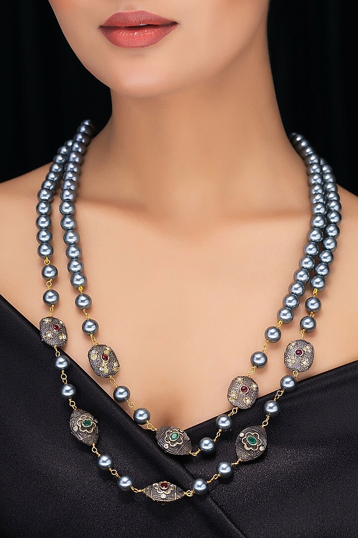 Black Rhodium Finish Grey Shell Pearl Long Layered Necklace by Jovi Jewels at Pernia's Pop Up Shop