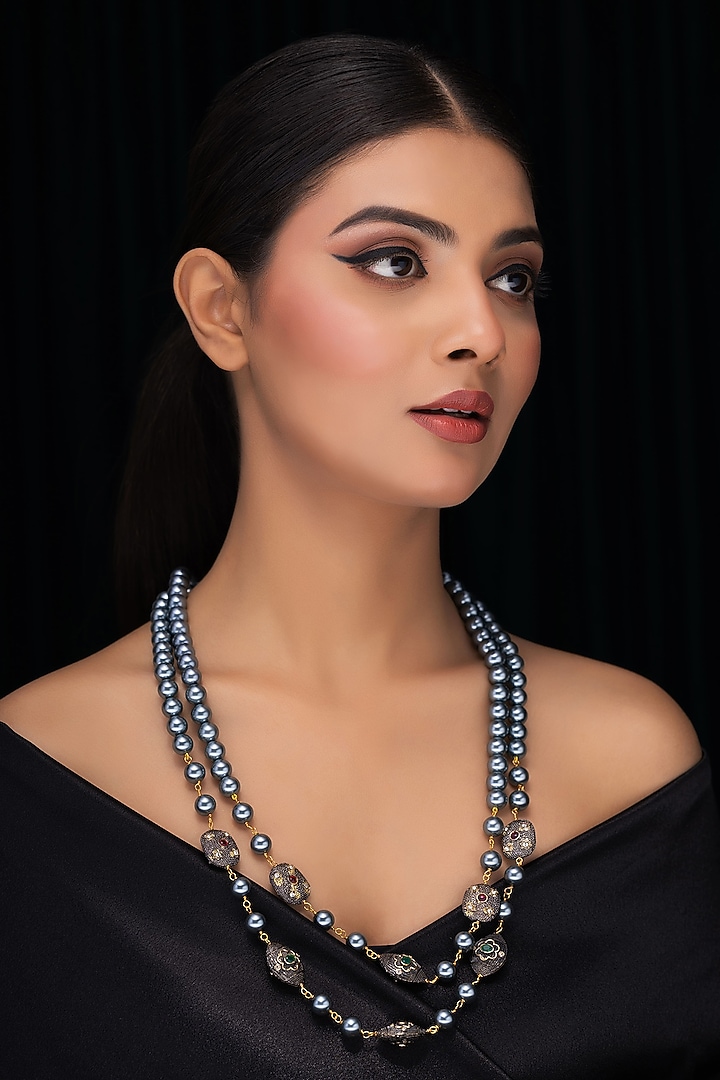 Black Rhodium Finish Grey Shell Pearl Long Layered Necklace by Jovi Jewels at Pernia's Pop Up Shop