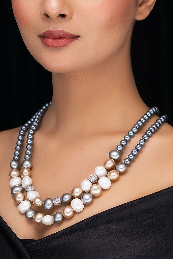 Grey Shell Pearl & Crystal Layered Necklace by Jovi Jewels at Pernia's Pop Up Shop