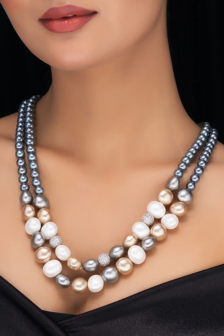 Grey Shell Pearl & Crystal Layered Necklace by Jovi Jewels at Pernia's Pop Up Shop