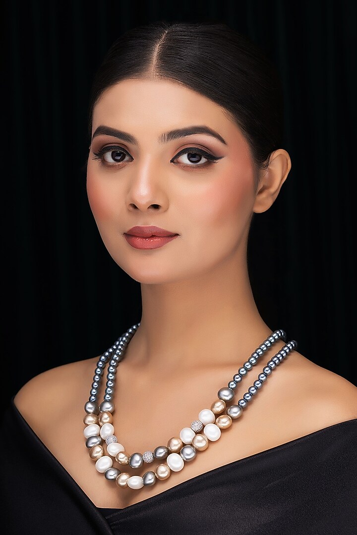 Grey Shell Pearl & Crystal Layered Necklace by Jovi Jewels at Pernia's Pop Up Shop