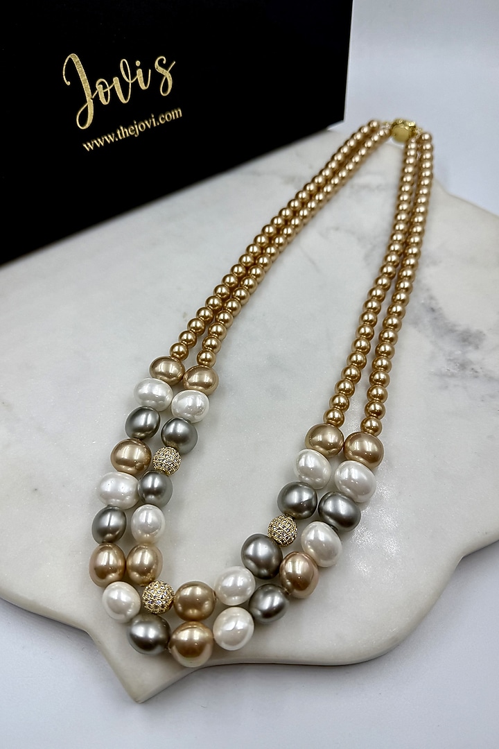 Copper Shell Pearl & Crystal Long Layered Necklace by Jovi Jewels at Pernia's Pop Up Shop