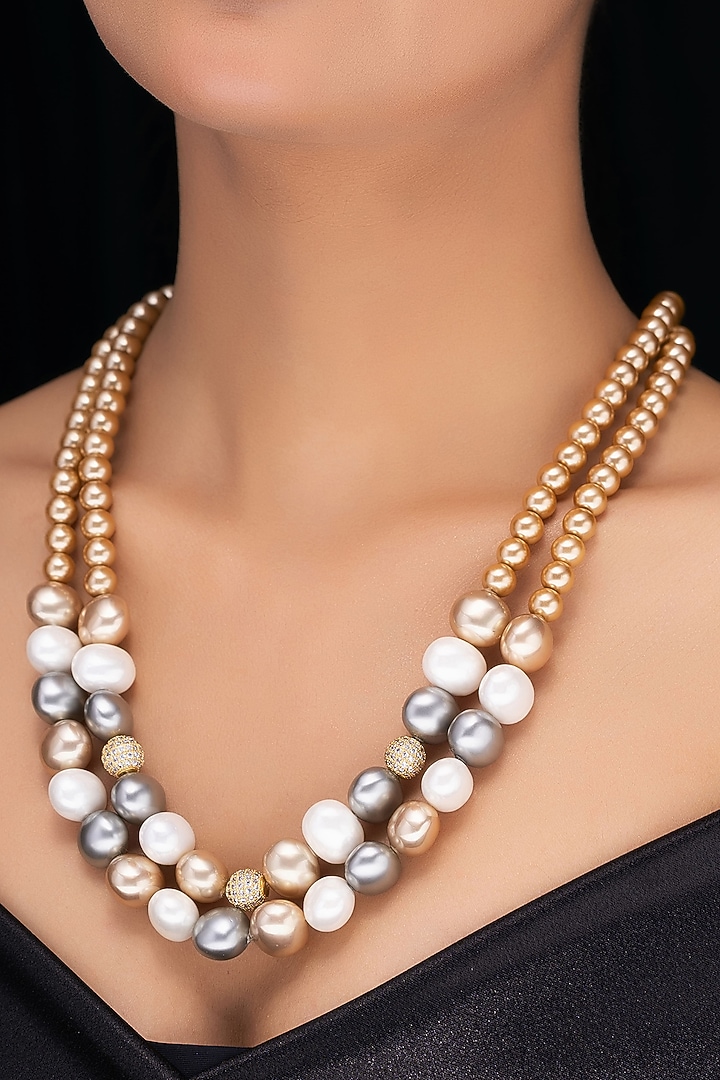 Copper Shell Pearl & Crystal Long Layered Necklace by Jovi Jewels at Pernia's Pop Up Shop
