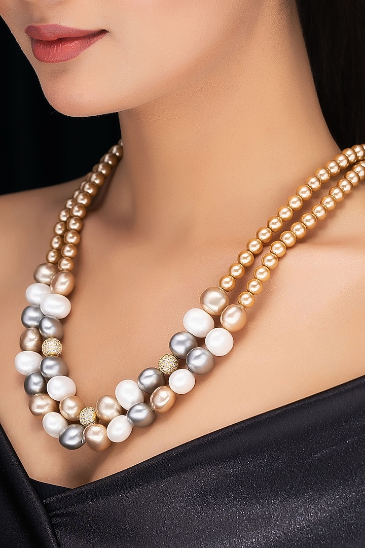 Copper Shell Pearl & Crystal Long Layered Necklace by Jovi Jewels at Pernia's Pop Up Shop