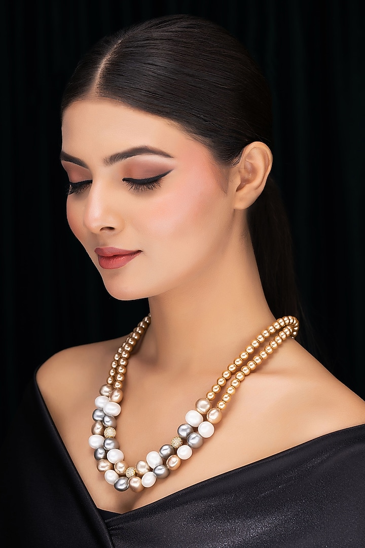 Copper Shell Pearl & Crystal Long Layered Necklace by Jovi Jewels at Pernia's Pop Up Shop