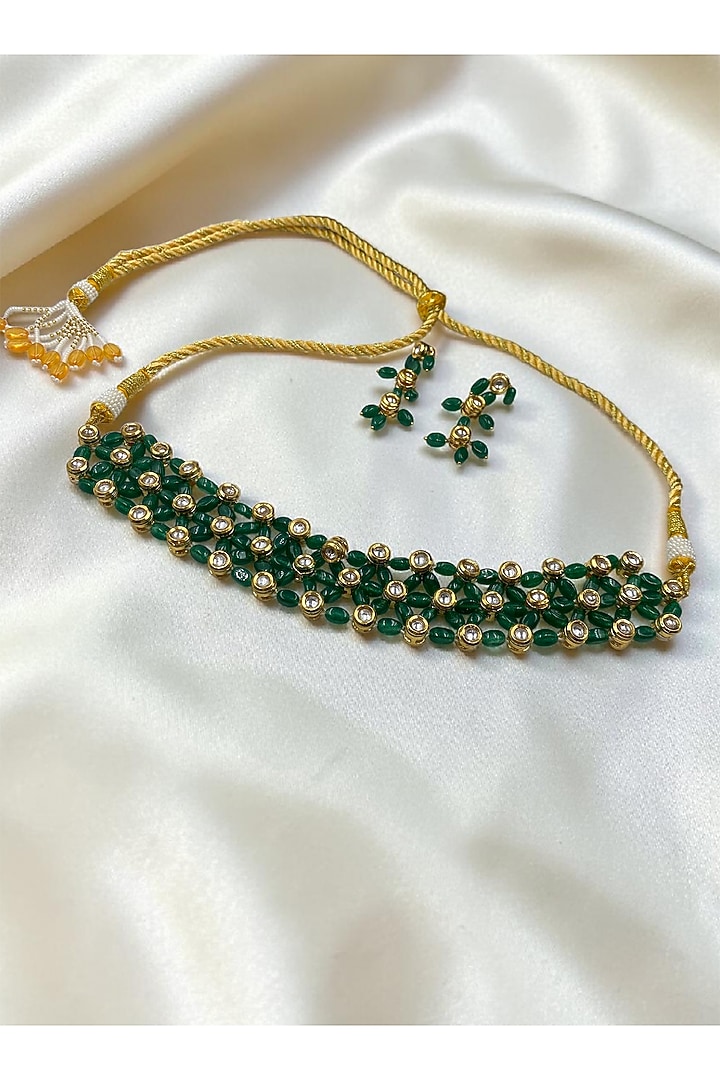 Gold Finish Kundan Polki & Green Quartz Stone Choker Necklace Set by Jovi Jewels at Pernia's Pop Up Shop