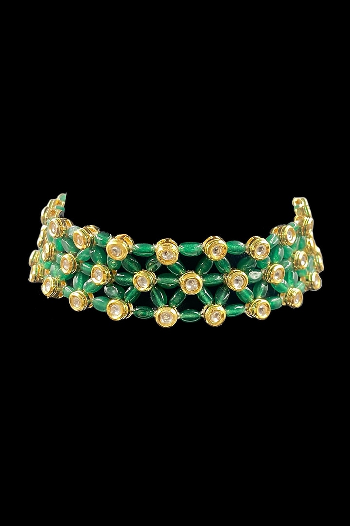 Gold Finish Kundan Polki & Green Quartz Stone Choker Necklace Set by Jovi Jewels at Pernia's Pop Up Shop