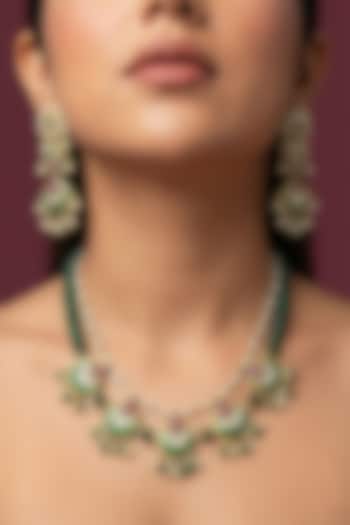 Gold Finish Green Kundan Polki & Pearl Meenakari Necklace Set by Jovi Jewels at Pernia's Pop Up Shop