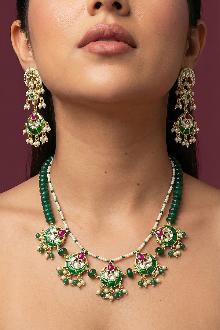Gold Finish Green Kundan Polki & Pearl Meenakari Necklace Set by Jovi Jewels at Pernia's Pop Up Shop