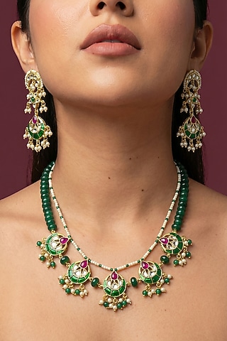 Gold Finish Green Kundan Polki & Pearl Meenakari Necklace Set by Jovi Jewels