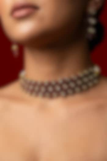 Gold Finish Kundan Polki & Red Quartz Stone Choker Necklace Set by Jovi Jewels at Pernia's Pop Up Shop