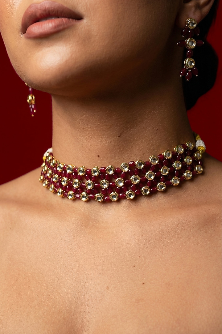 Gold Finish Kundan Polki & Red Quartz Stone Choker Necklace Set by Jovi Jewels at Pernia's Pop Up Shop