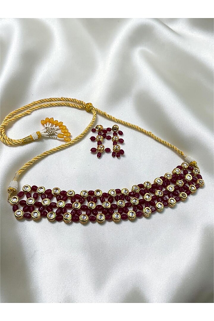 Gold Finish Kundan Polki & Red Quartz Stone Choker Necklace Set by Jovi Jewels at Pernia's Pop Up Shop