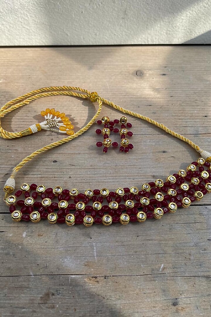 Gold Finish Kundan Polki & Red Quartz Stone Choker Necklace Set by Jovi Jewels at Pernia's Pop Up Shop