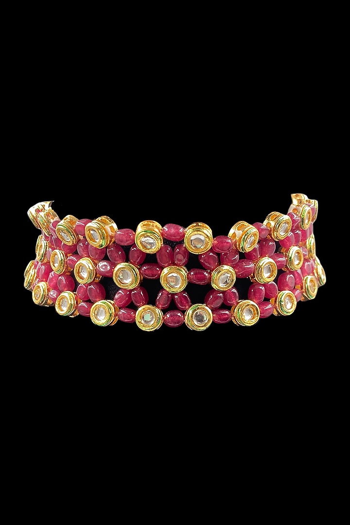 Gold Finish Kundan Polki & Red Quartz Stone Choker Necklace Set by Jovi Jewels at Pernia's Pop Up Shop