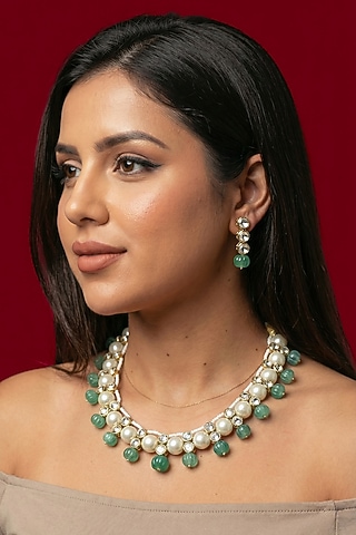 Gold Finish Green Kundan Polki & Shell Pearl Necklace Set by Jovi Jewels