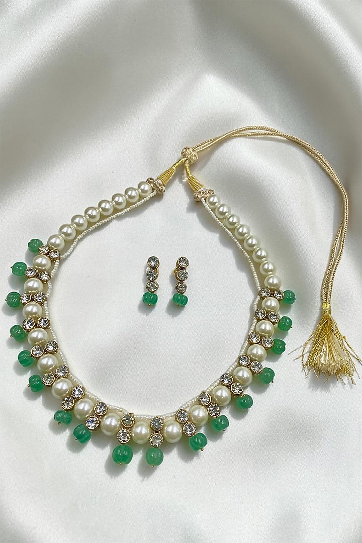 Gold Finish Green Kundan Polki & Shell Pearl Necklace Set by Jovi Jewels at Pernia's Pop Up Shop
