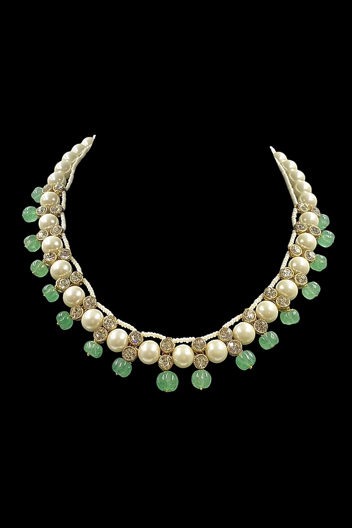 Gold Finish Green Kundan Polki & Shell Pearl Necklace Set by Jovi Jewels at Pernia's Pop Up Shop