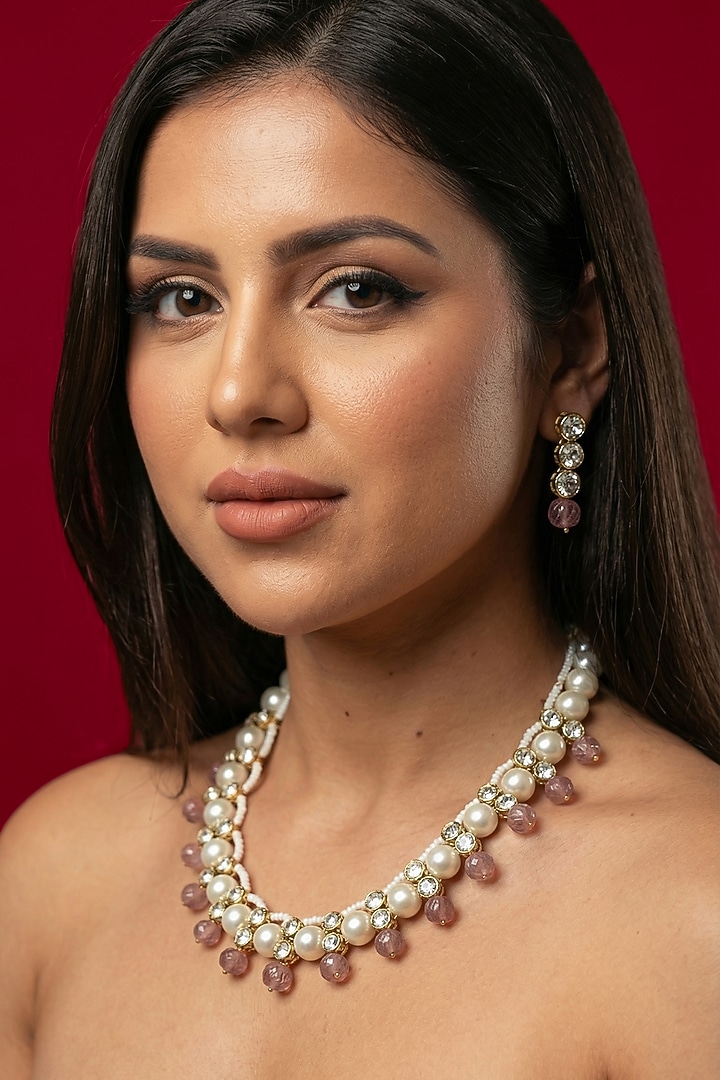 Gold Finish Red Kundan Polki & Shell Pearl Necklace Set by Jovi Jewels at Pernia's Pop Up Shop