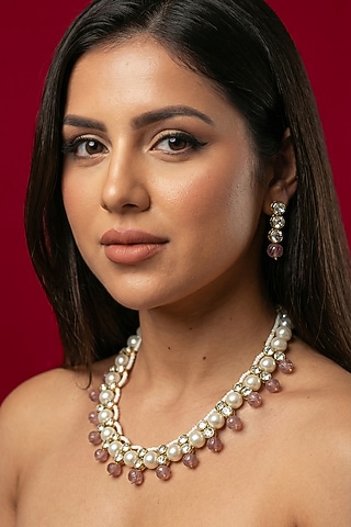 Gold Finish Red Kundan Polki & Shell Pearl Necklace Set by Jovi Jewels