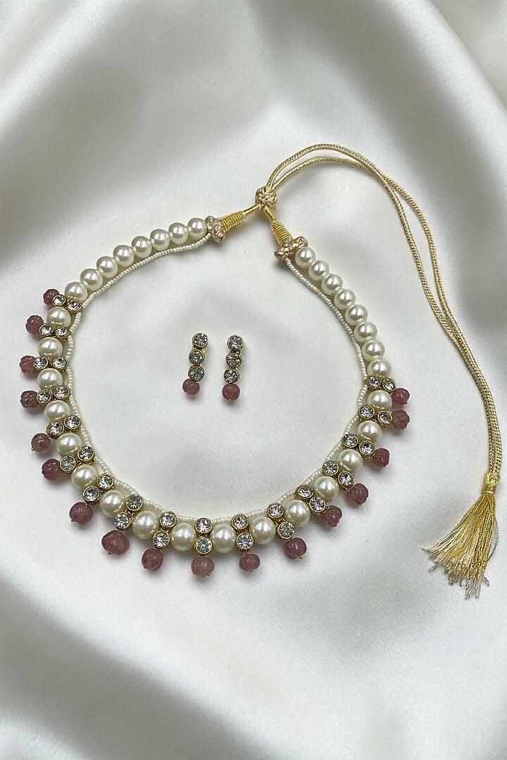 Gold Finish Red Kundan Polki & Shell Pearl Necklace Set by Jovi Jewels at Pernia's Pop Up Shop