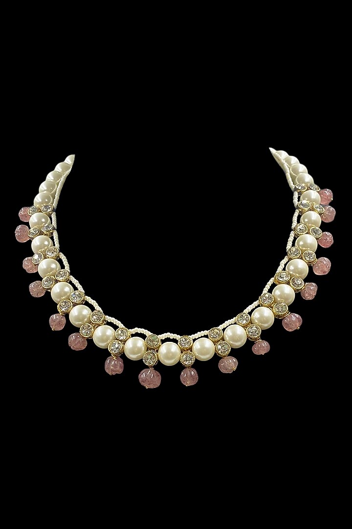 Gold Finish Red Kundan Polki & Shell Pearl Necklace Set by Jovi Jewels at Pernia's Pop Up Shop