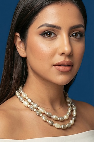Grey Shell Pearl & Crystal Moonstone Necklace by Jovi Jewels