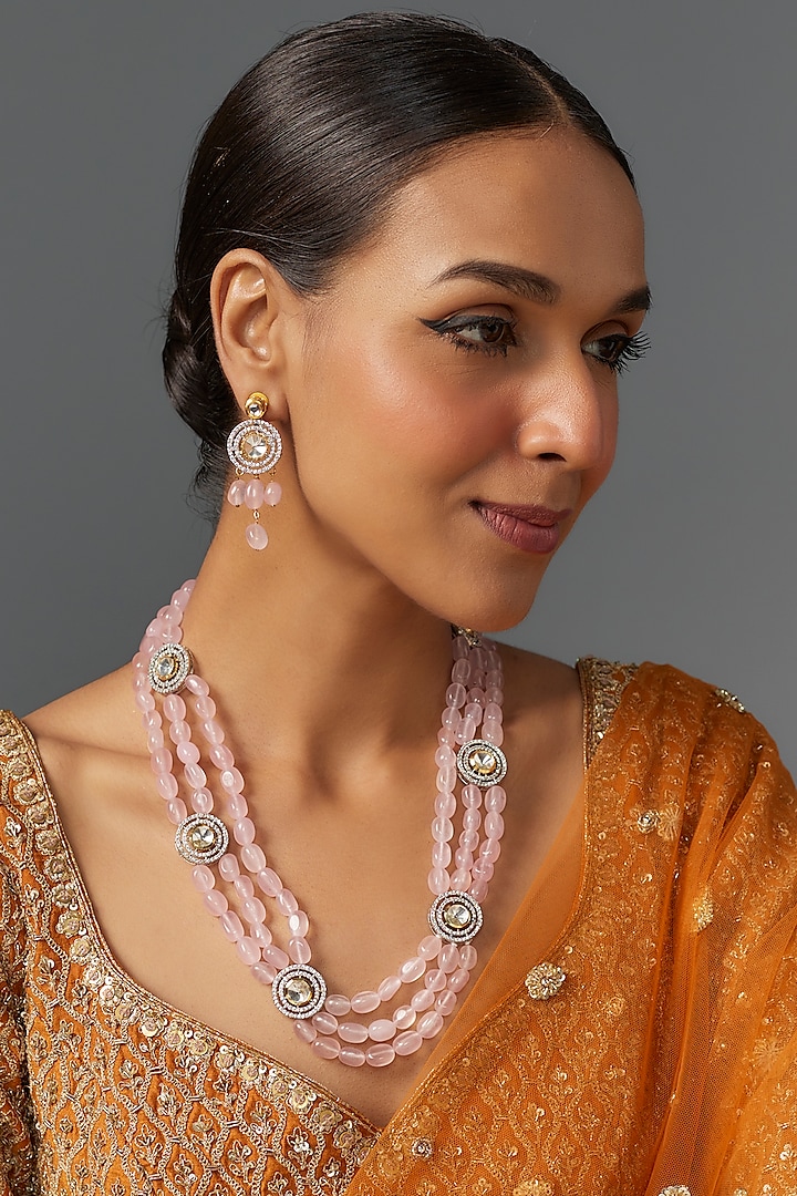 Gold Finish Pink Kundan Polki & Rose Quartz Stone Long Necklace Set by Jovi Jewels at Pernia's Pop Up Shop