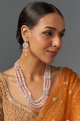 Gold Finish Pink Kundan Polki & Rose Quartz Stone Long Necklace Set by Jovi Jewels