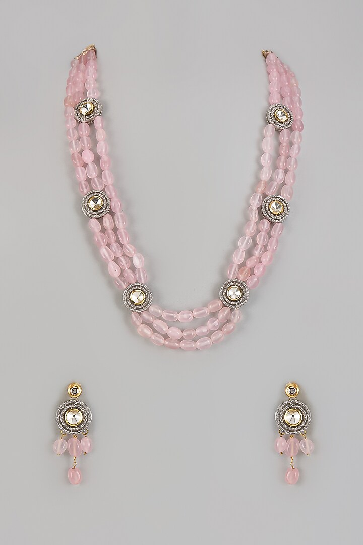 Gold Finish Pink Kundan Polki & Rose Quartz Stone Long Necklace Set by Jovi Jewels at Pernia's Pop Up Shop