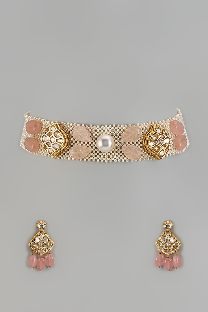 Gold Finish Kundan Polki & Shell Pearl Choker Necklace Set by Jovi Jewels at Pernia's Pop Up Shop