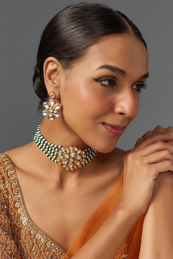 Gold Finish Kundan Polki & Green Quartz Stone Choker Necklace Set by Jovi Jewels at Pernia's Pop Up Shop