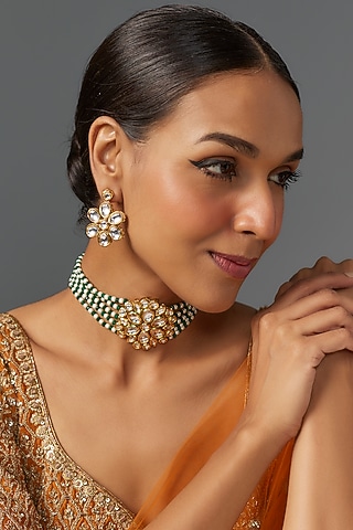 Gold Finish Kundan Polki & Green Quartz Stone Choker Necklace Set by Jovi Jewels