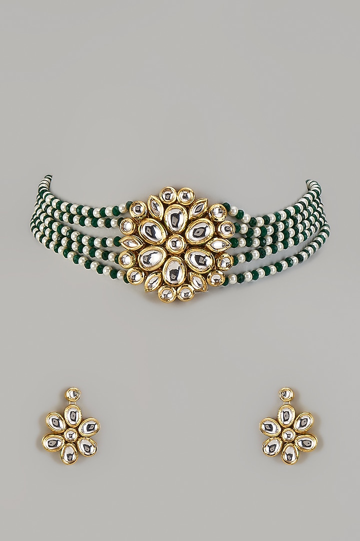 Gold Finish Kundan Polki & Green Quartz Stone Choker Necklace Set by Jovi Jewels at Pernia's Pop Up Shop