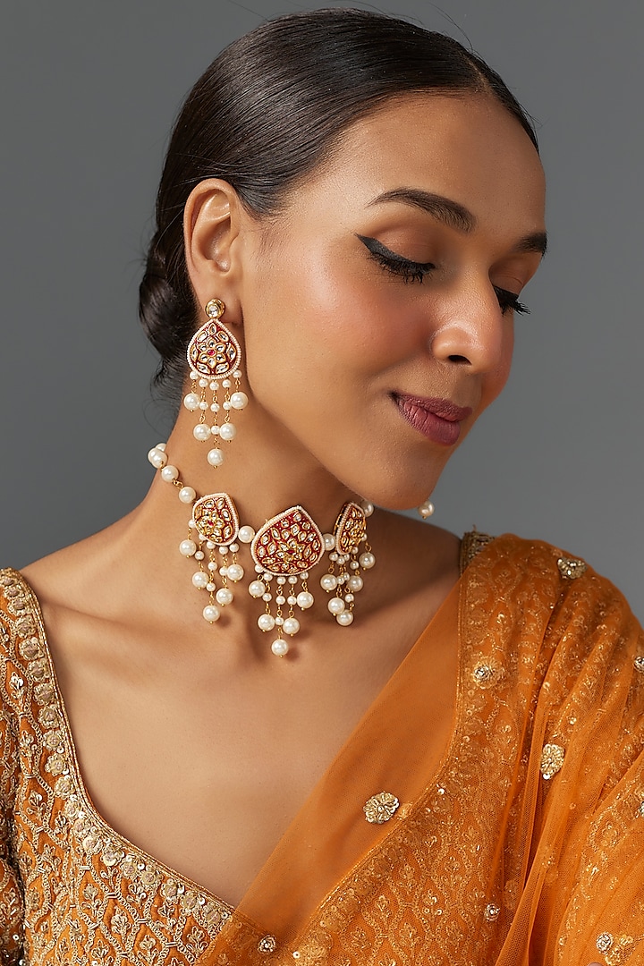 Gold Finish Kundan Polki Necklace Set by Jovi Jewels at Pernia's Pop Up Shop